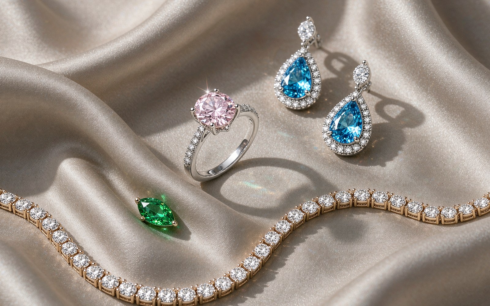 Colored moissanite jewelry flat lay with pink, blue, green, and champagne stones