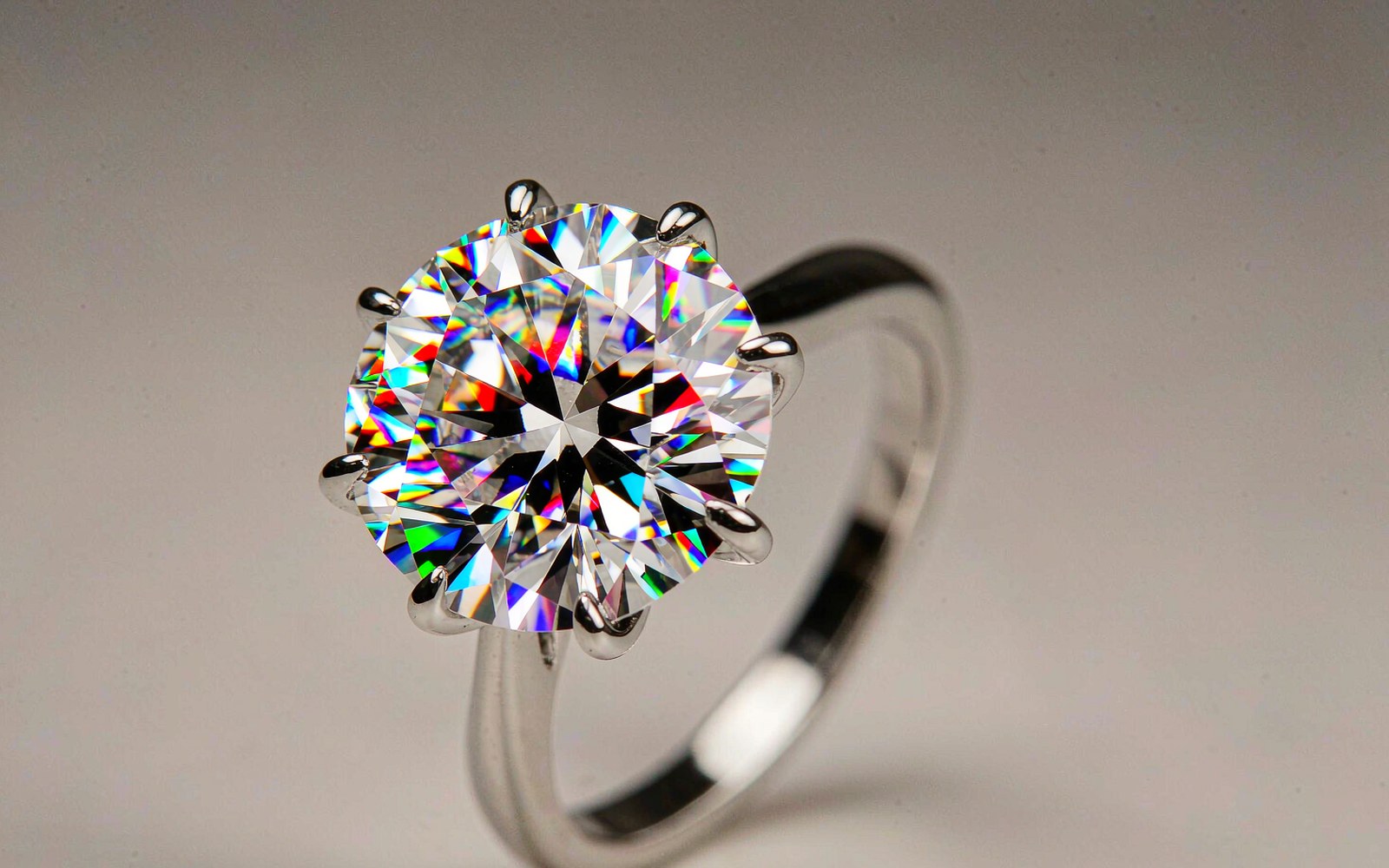 Moissanite solitaire ring showing rainbow fire