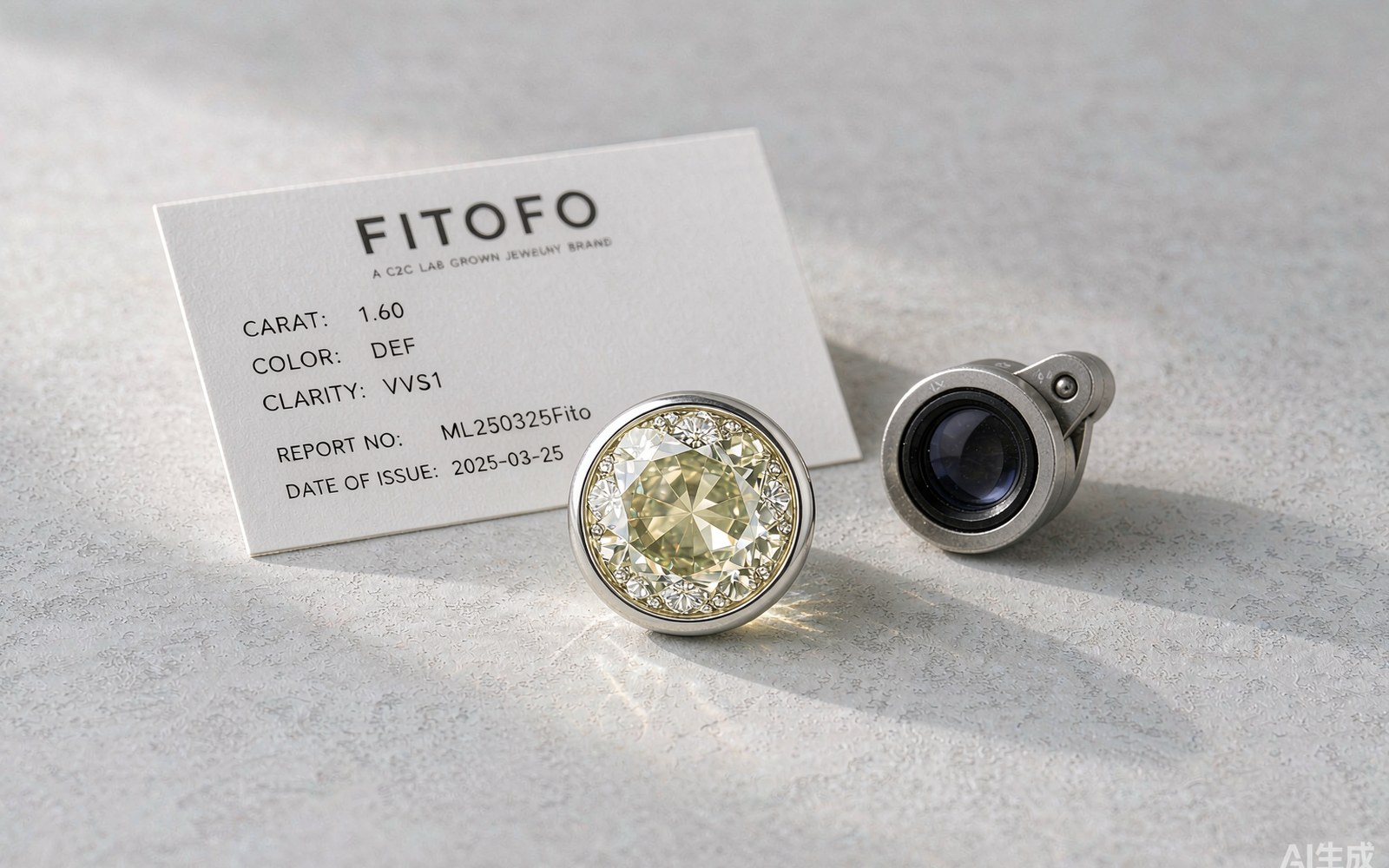 Moissanite gemstone and jeweler loupe on a light background