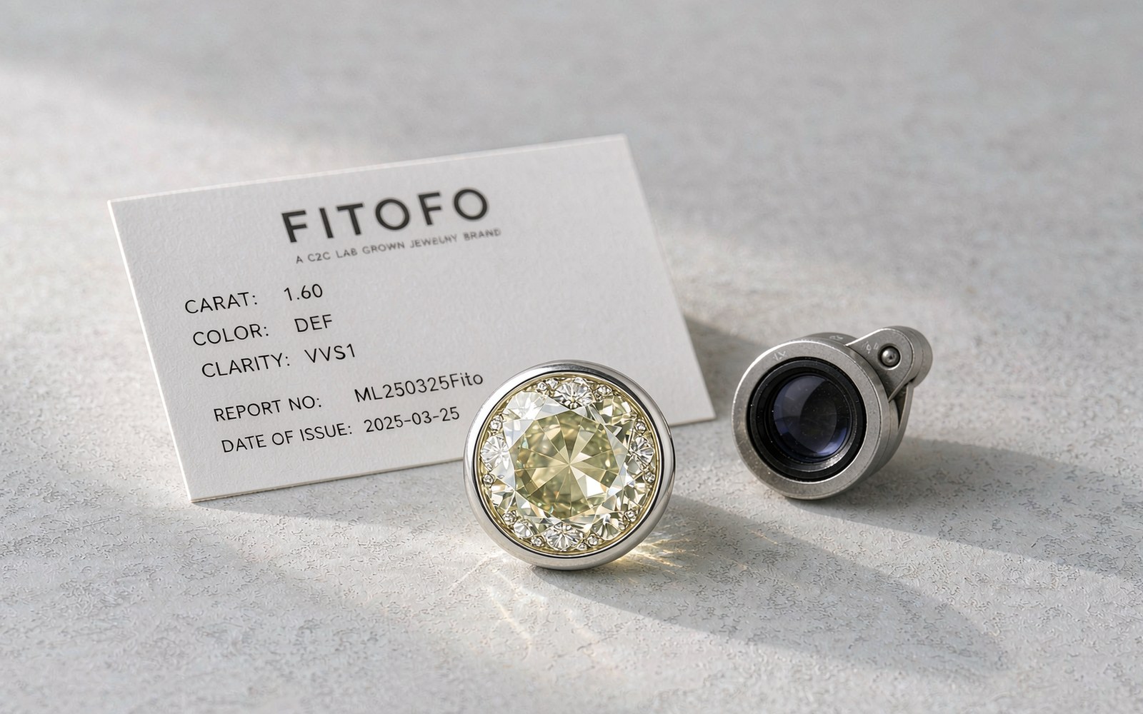 Moissanite gemstone and jeweler loupe on a light background