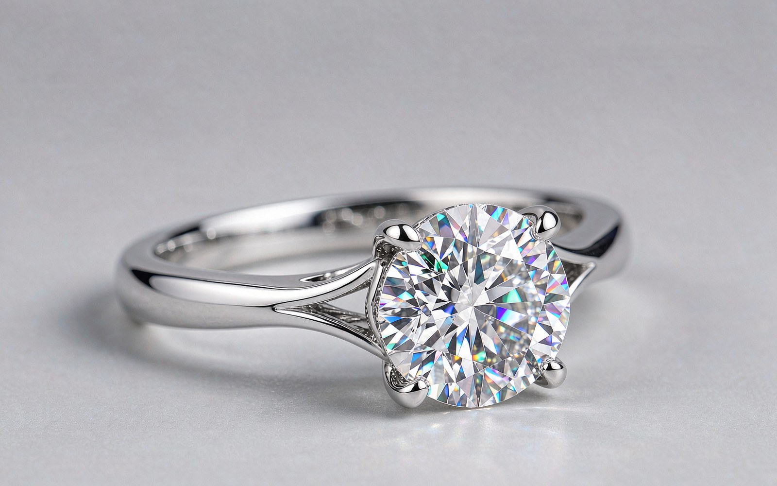 Moissanite engagement ring with round center stone in white gold solitaire setting