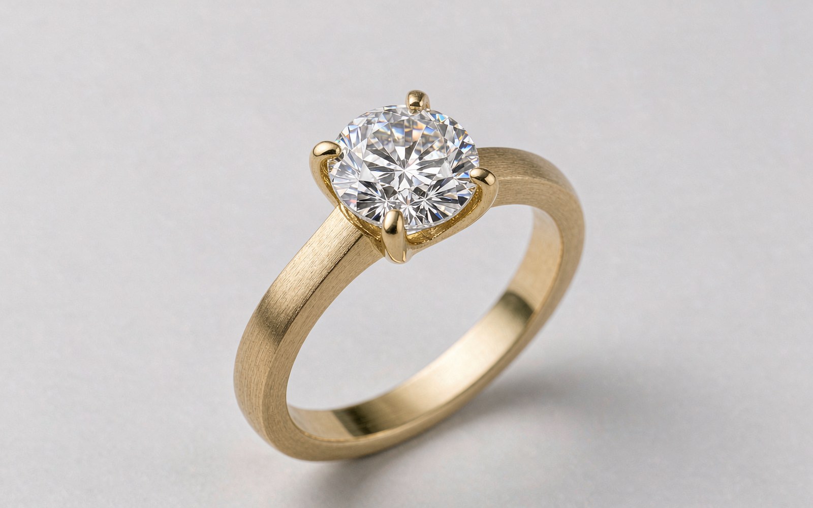 Men's moissanite ring on a brushed gold band