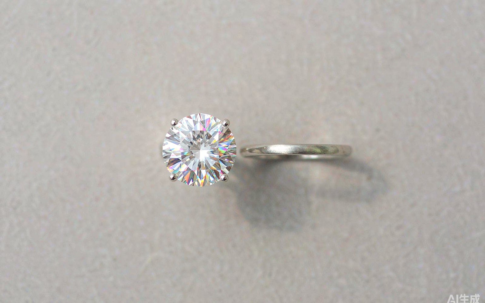Moissanite gemstone and solitaire ring on a bright studio background
