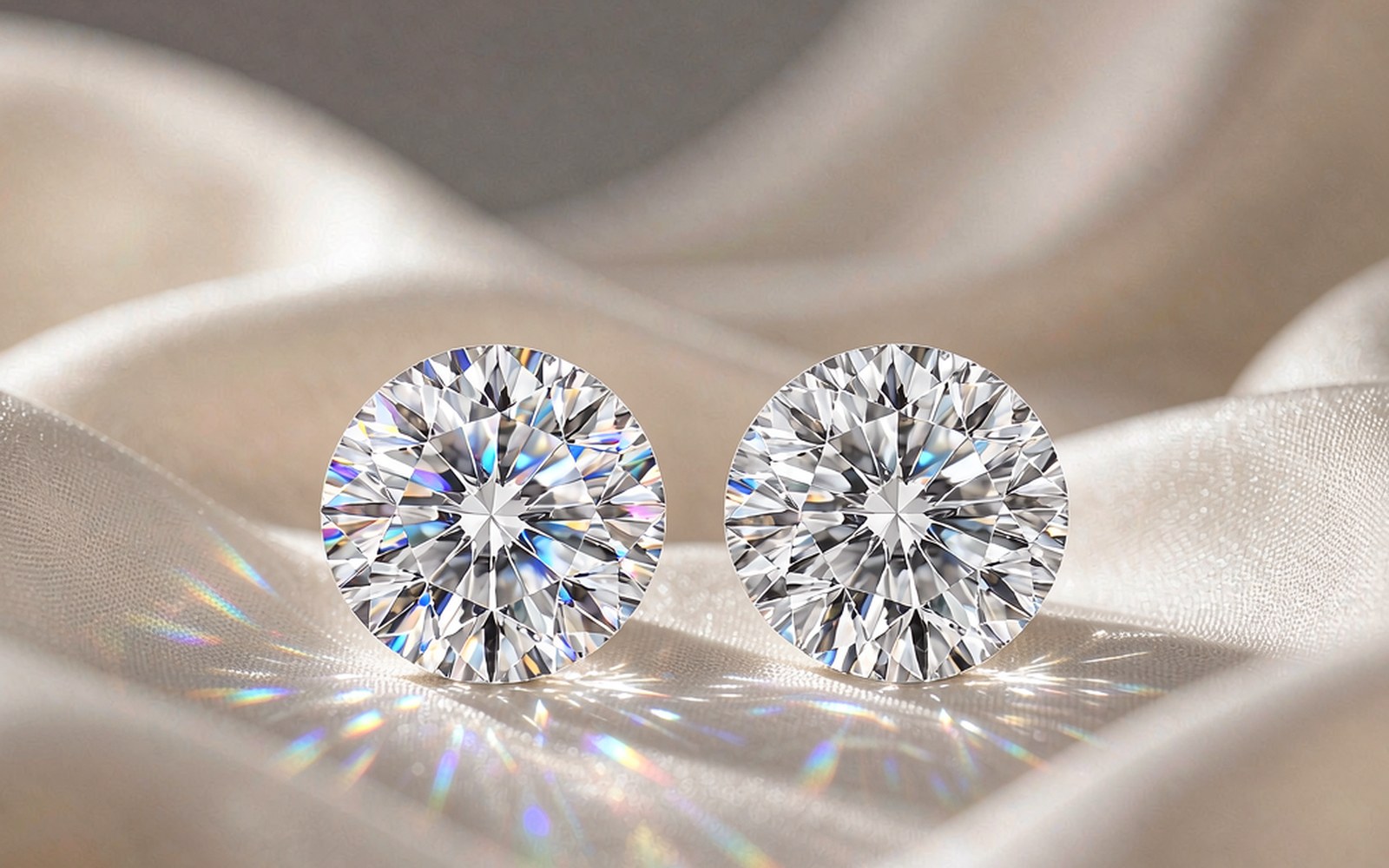 Two brilliant round stones compared side by side on silk