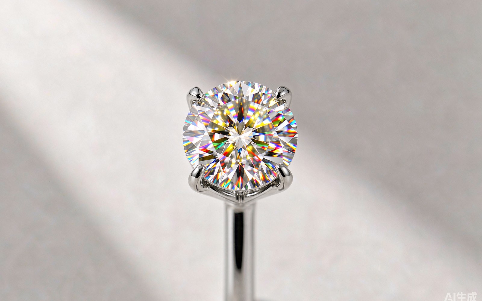 Loose round moissanite gemstone sparkling on a light background
